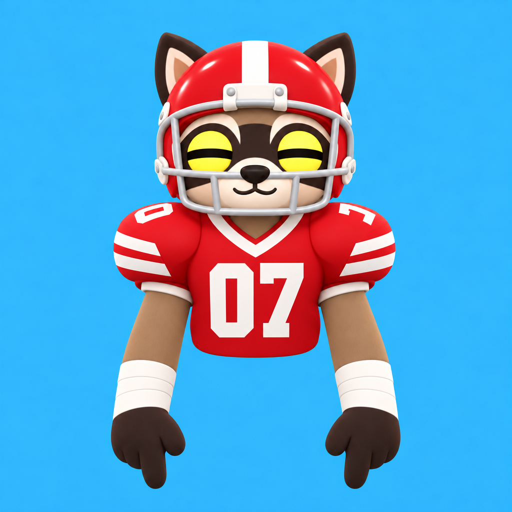 Raccoon in a red football helmet and number 07 jersey