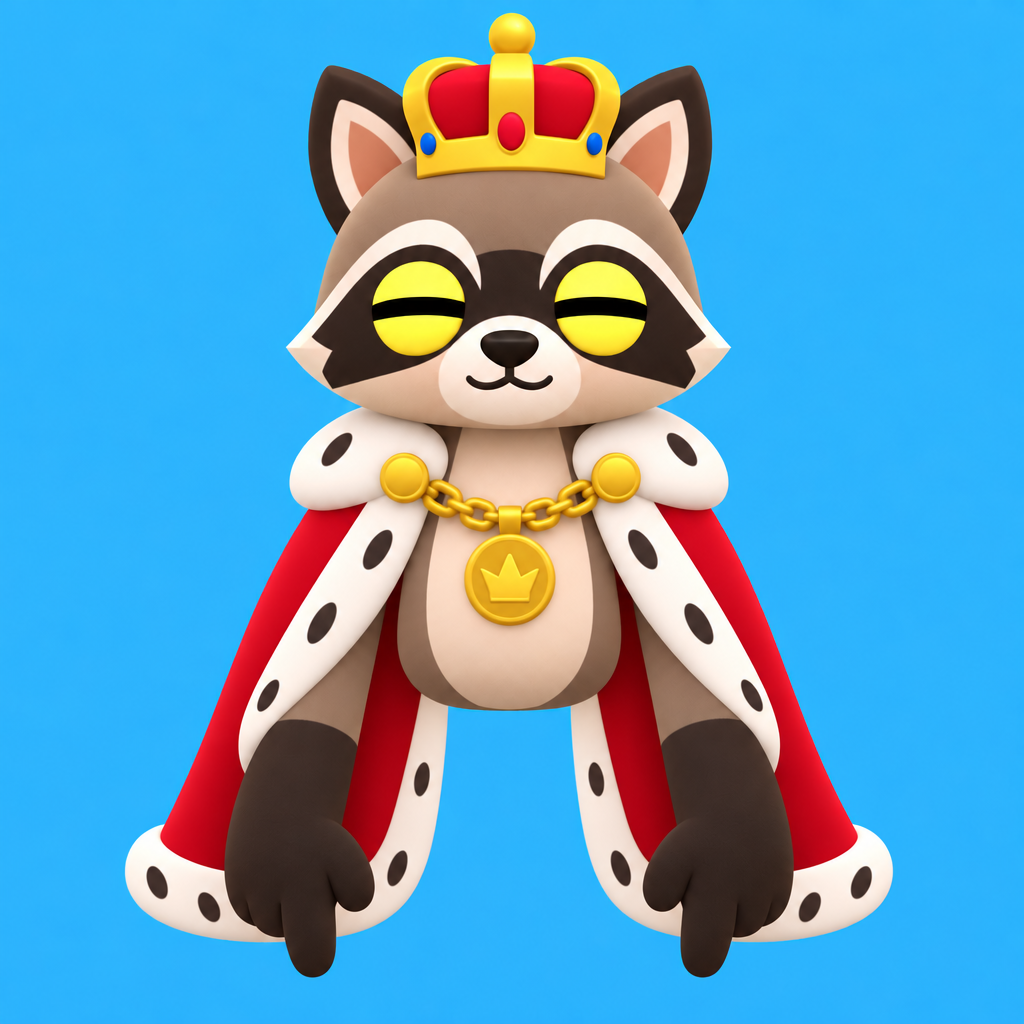 Raccoon in a gold crown and red royal cape