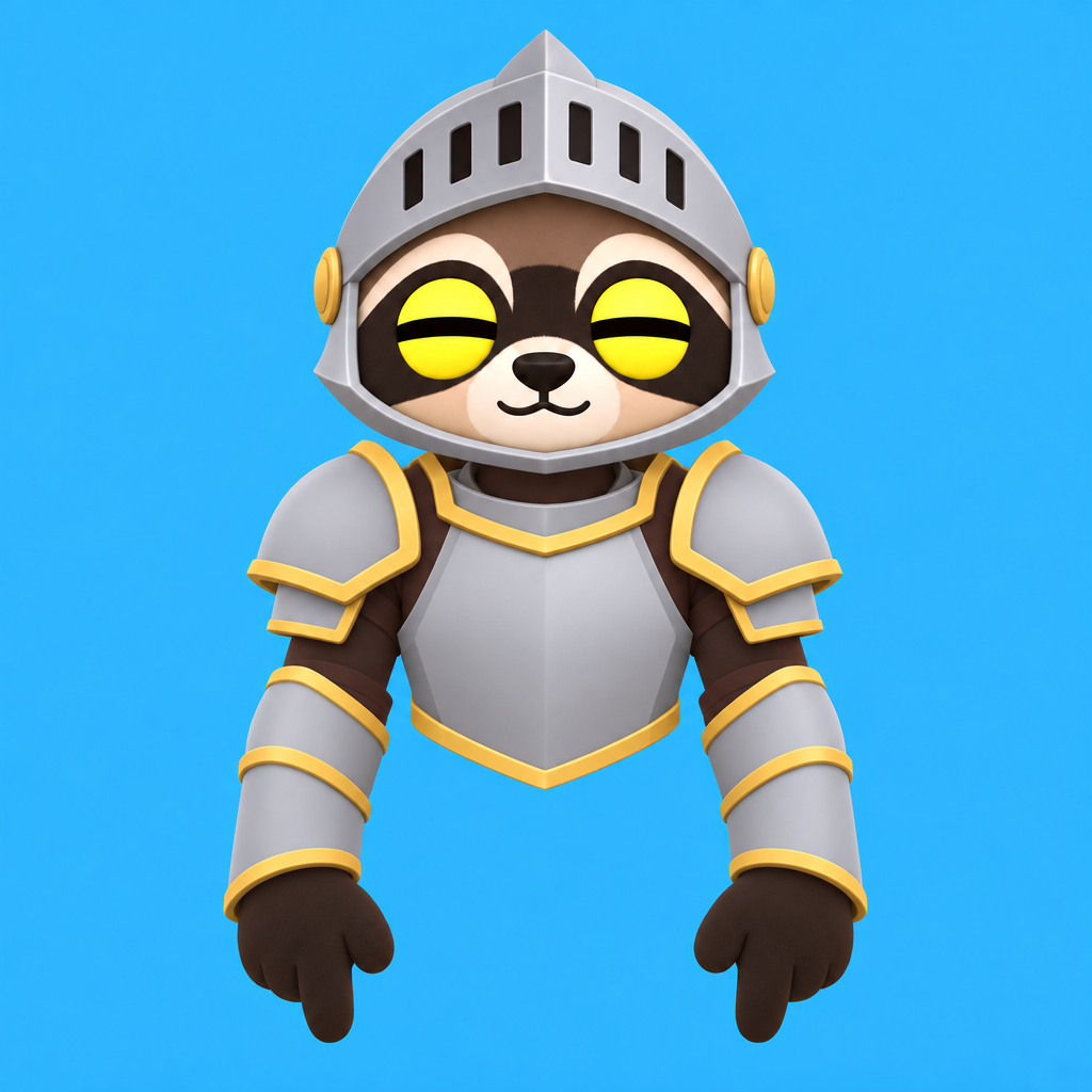 Raccoon wearing silver knight armor with gold trim
