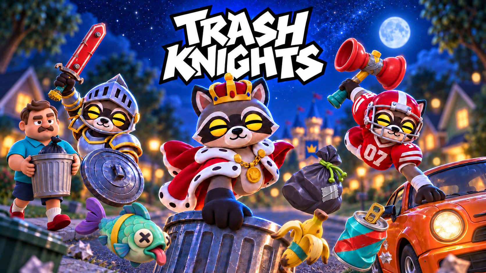 Under a blue starry sky, three raccoons battle with a red scrap sword and plunger hammer. A fish, banana, soda can and trash bag fly through the air while a grumpy homeowner carries a silver can toward the curb. A bright moon lights the neighborhood and castle.