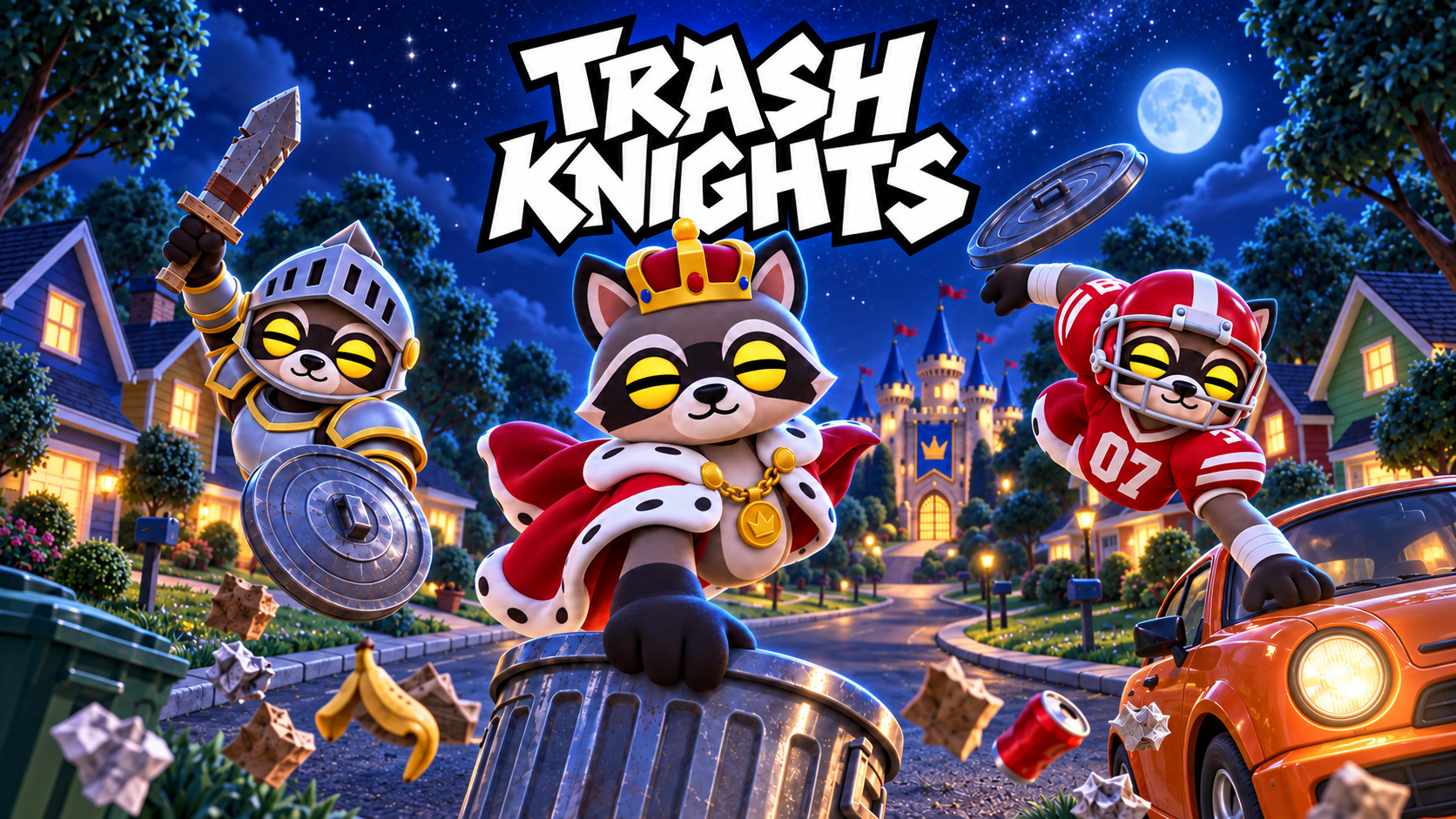 Under a sky full of stars, three raccoons raid a neighborhood: a knight raises his scrap sword, a crowned king leaps from a trash can, and a football player vaults over a car. A glowing castle waits at the end of the street.